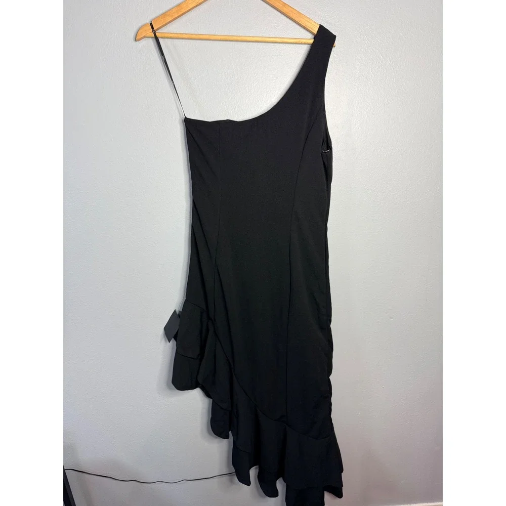 Lulus Steal a Glance Black One-Shoulder Asymmetrical‎ Midi Dress Large NWT